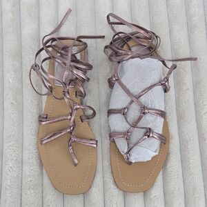 Anthropologie Metallic Rose Lace-Up Gladiator Sandals